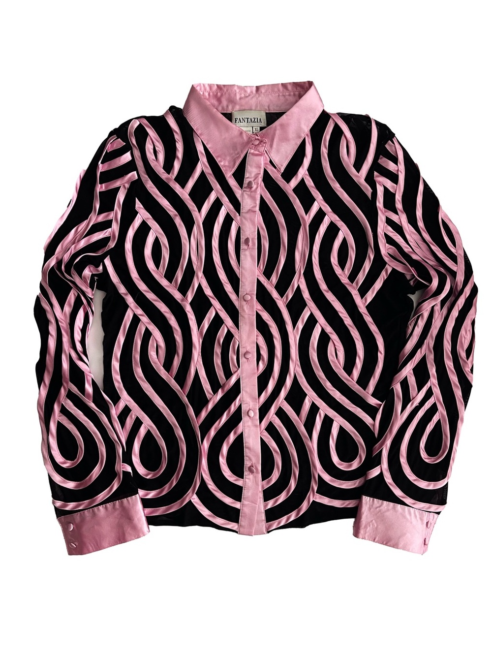 Fantazia XL Pink & Black Ribbon Mesh Button Front Blouse Statement Top